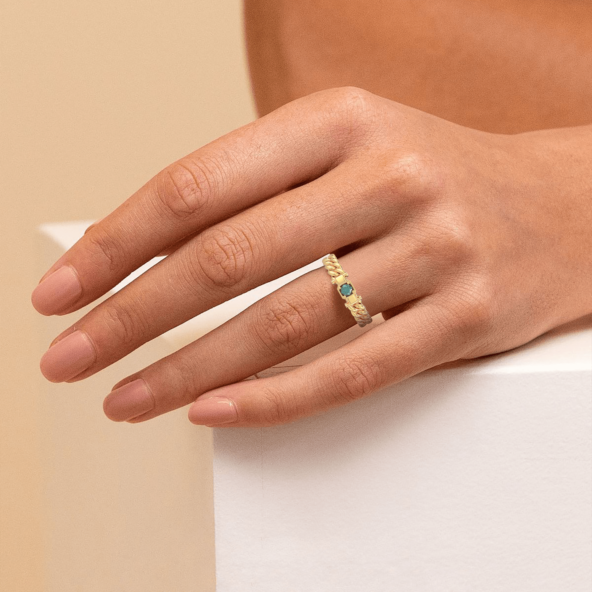 Cuban Chain Elegance Diamond Ring - Green Diamond - ATOMI SHINE